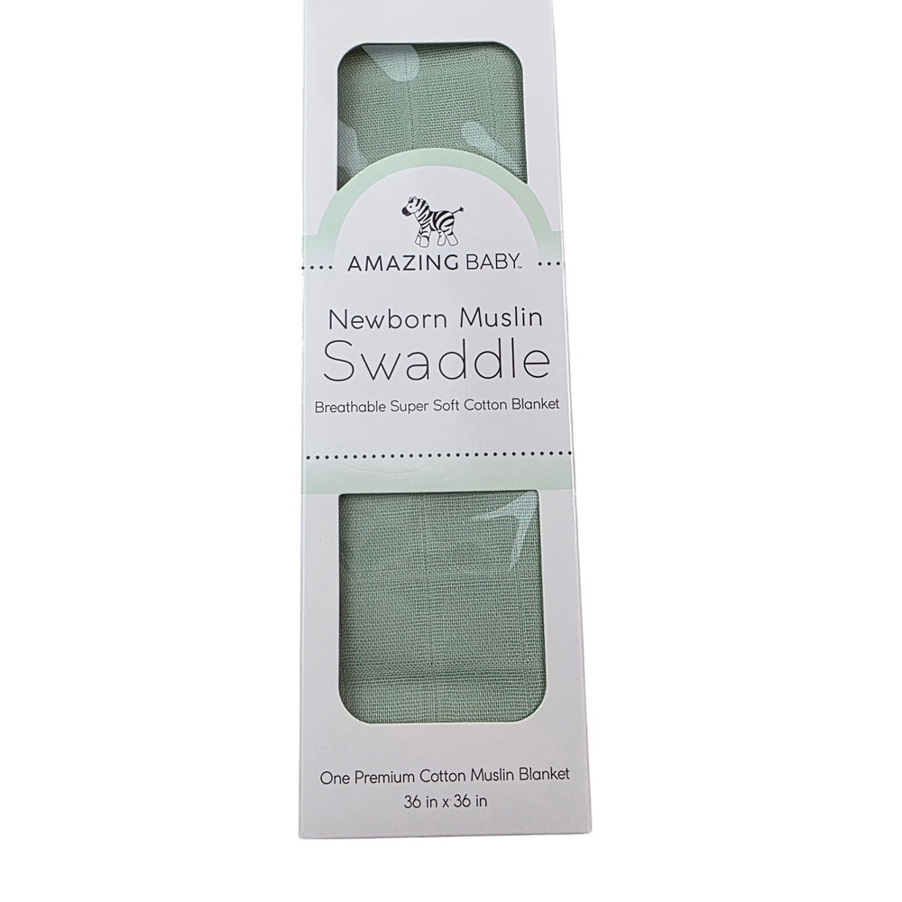 Amazing Baby Newborn Muslin Swaddle Blanket Sage Green‎ Cotton 36x36 NIB P3